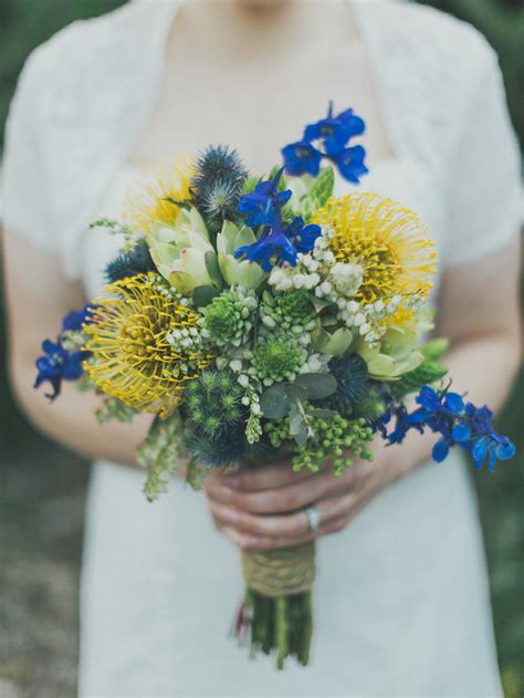 blue and yellow wedding bouquets